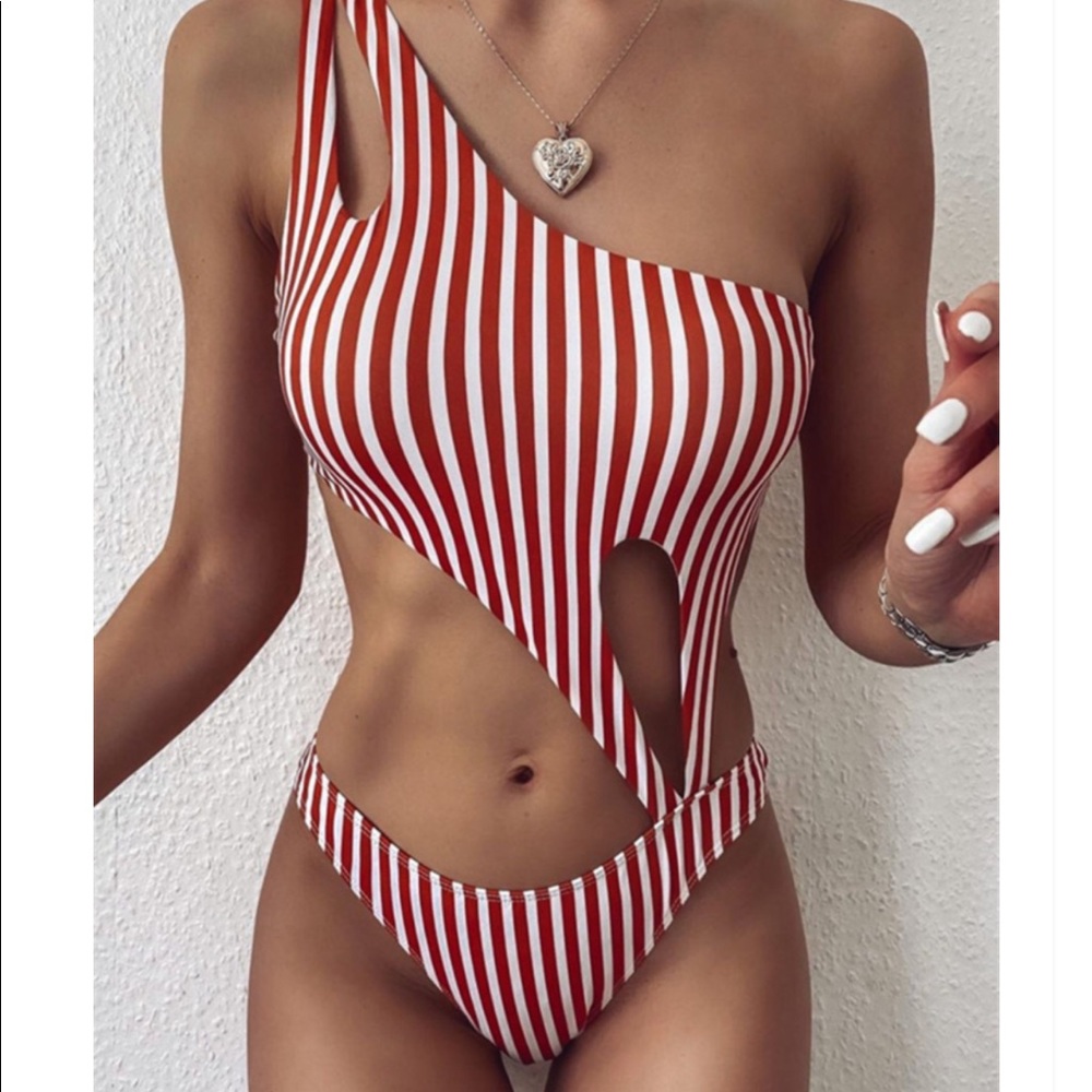 red stripped one shoulder cut out bathing suit